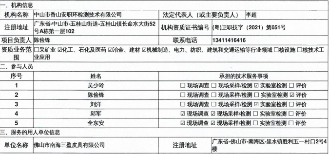 佛山市南海三盈皮具有限公司定期检测报告