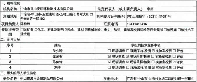 中山市澳再金属制品有限公司定期检测报告