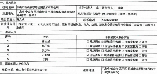 佛山市中柔日用品有限公司定期检测报告