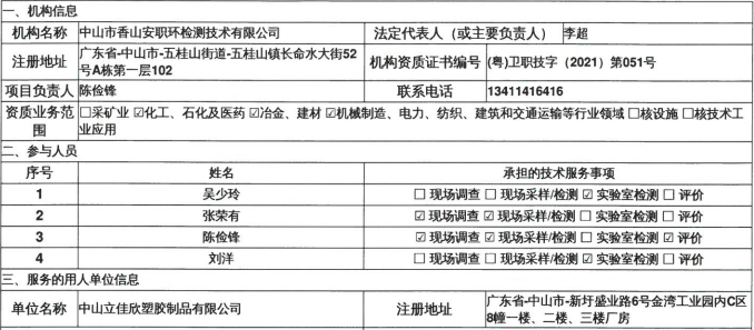 中山立佳欣塑胶制品有限公司定期检测报告