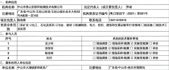 中山市大涌镇家和家具厂定期检测报告