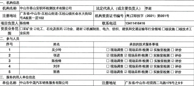 中山市中晟汽車銷售服務有限公司定期檢測報告