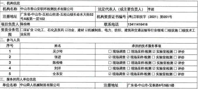 中山舜人機械制造有限公司定期檢測報告